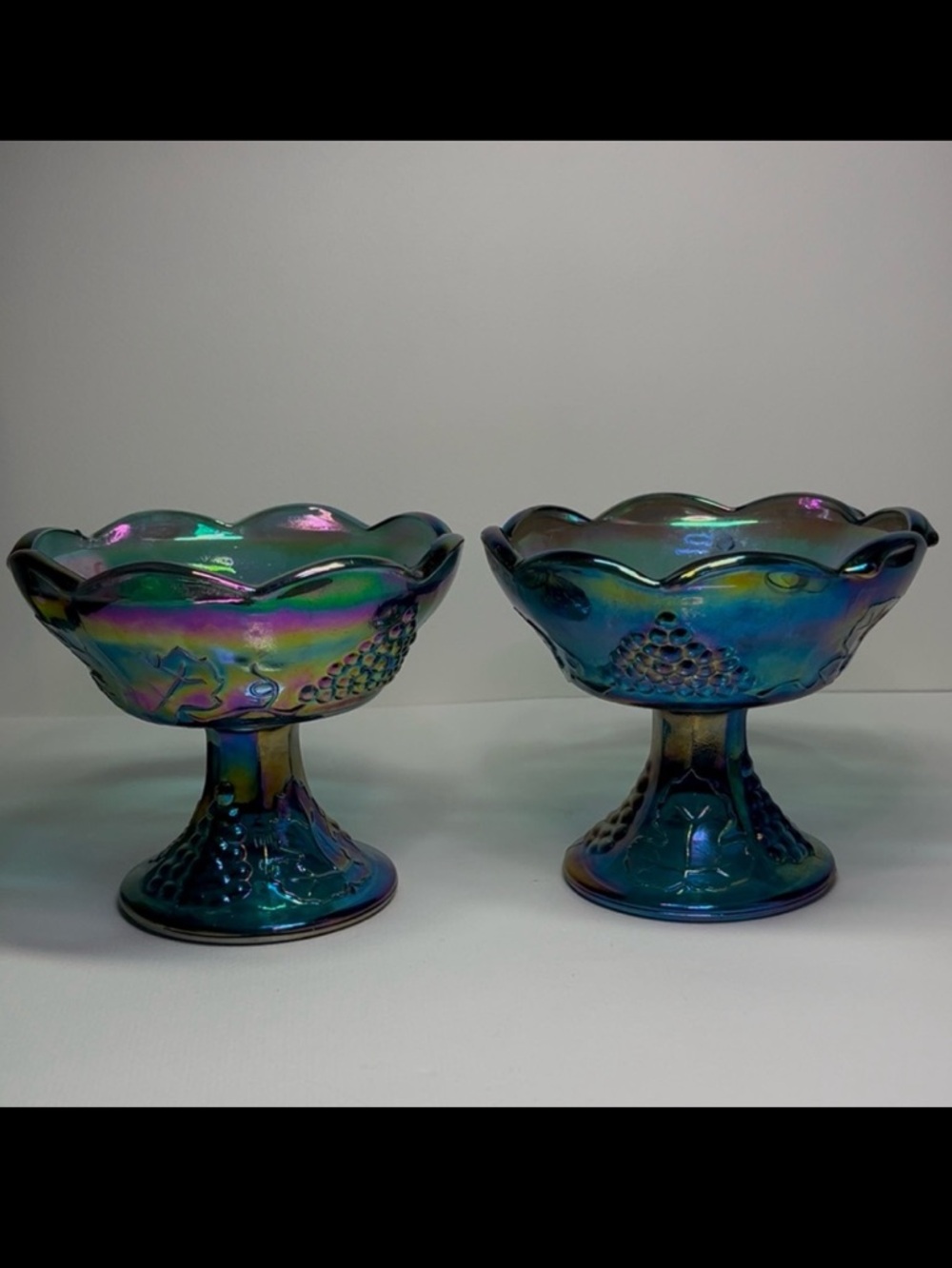 Indiana Glass Harvest Grape Blue Carnival Glass Candle Holders, Pair